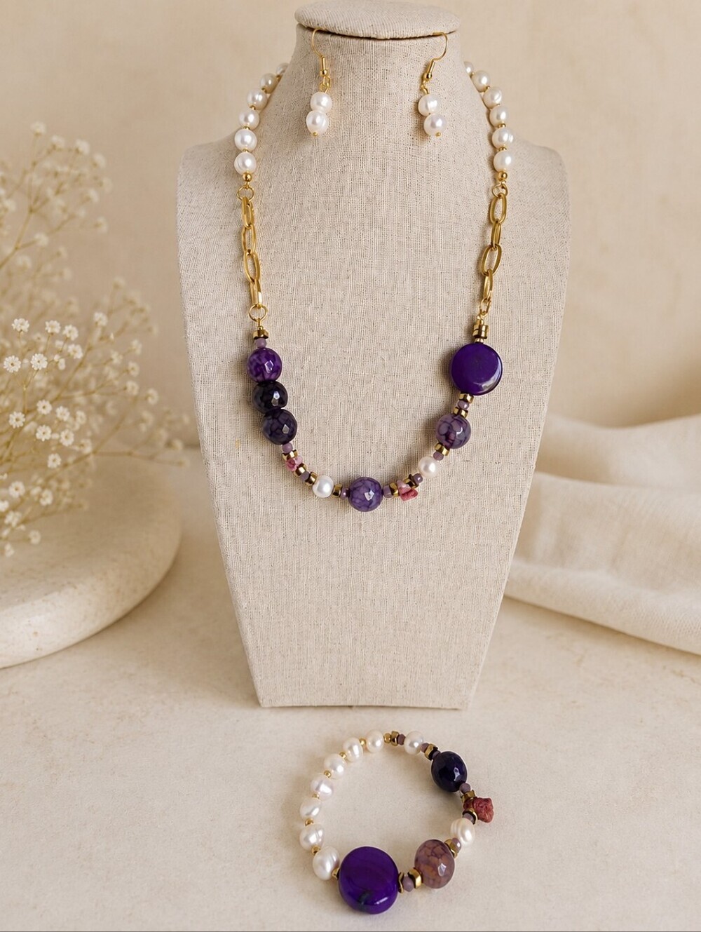 Agate & River Pearl Necklace Set Stainless Steel 16"+4"